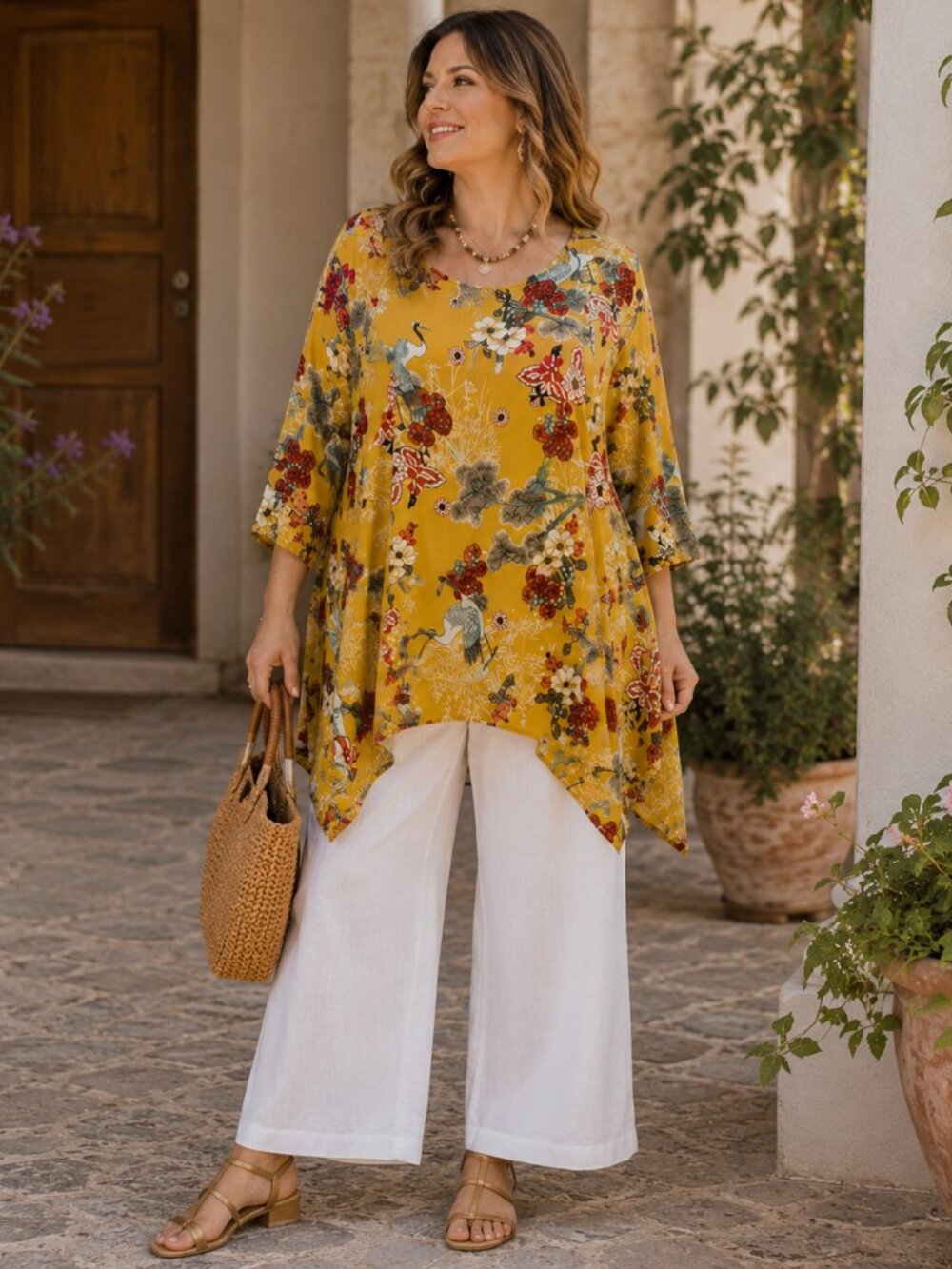 Coco & Juan Mustard Yellow Floral Lagenlook Tunic Top — Size 1X | Boho Resort